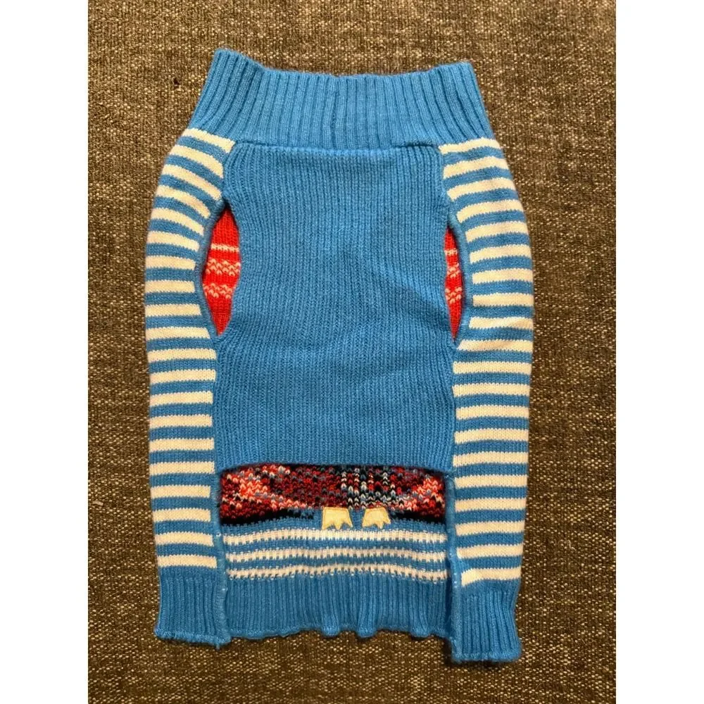 Penguin Dog Sweater Holiday Winter Blue Striped Pet Apparel Small NO FLAWS